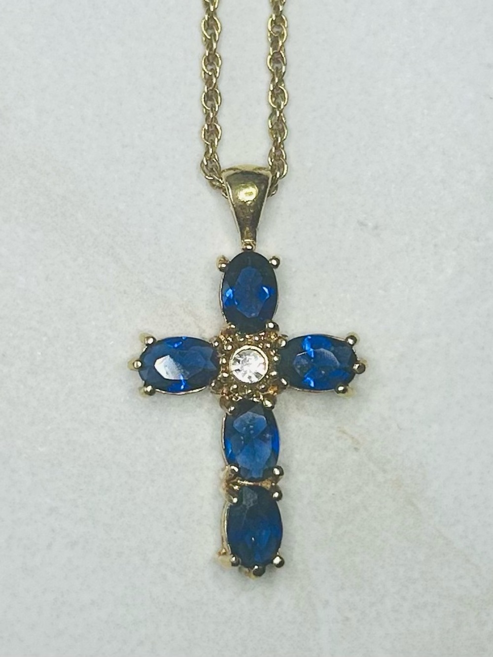 Vintage Avon Gold Toned Cross Pendant Necklace with Blue Stones
